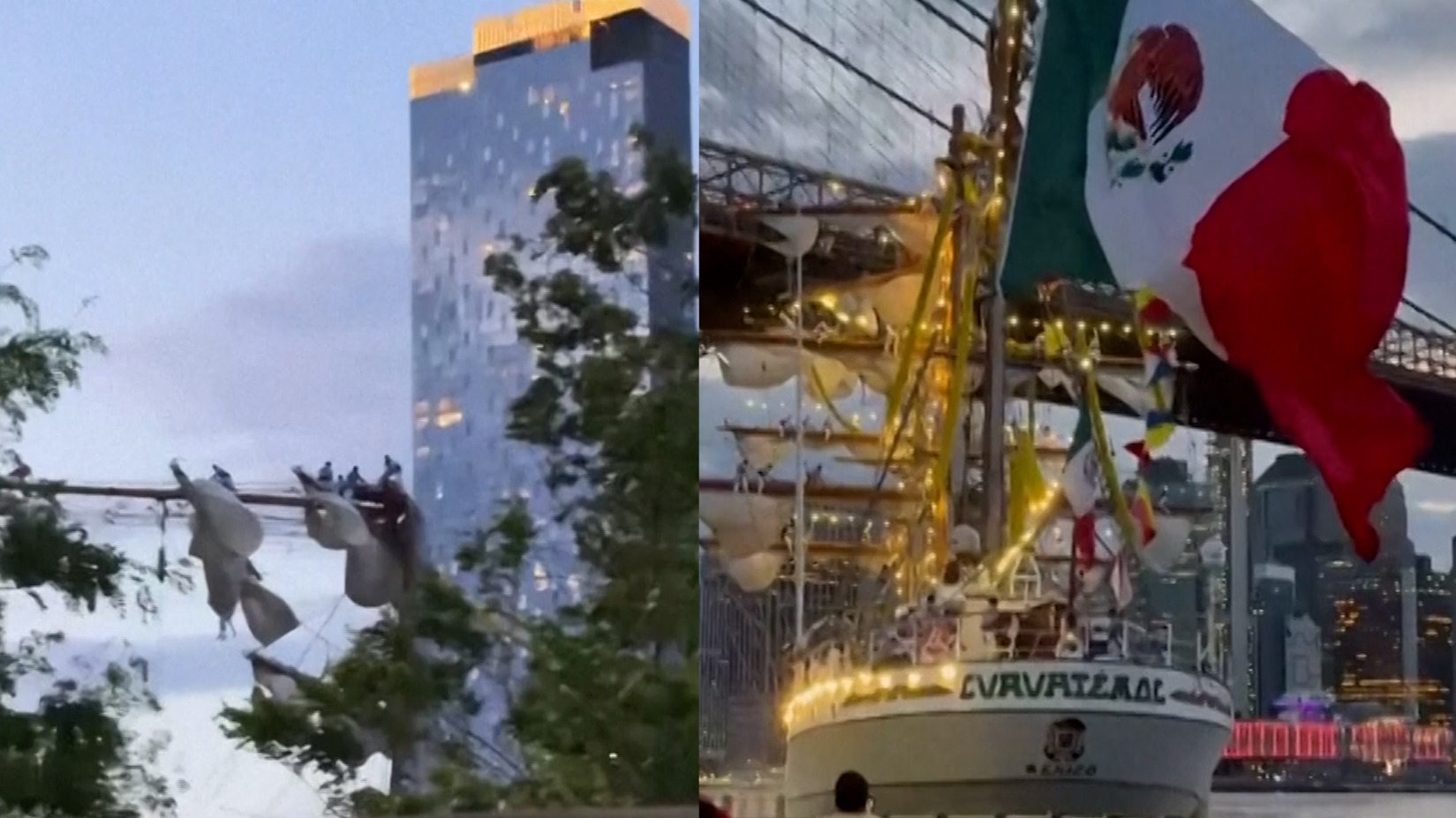 El buque Cuauhtémoc de la Armada mexicana choca contra el puente de Brooklyn