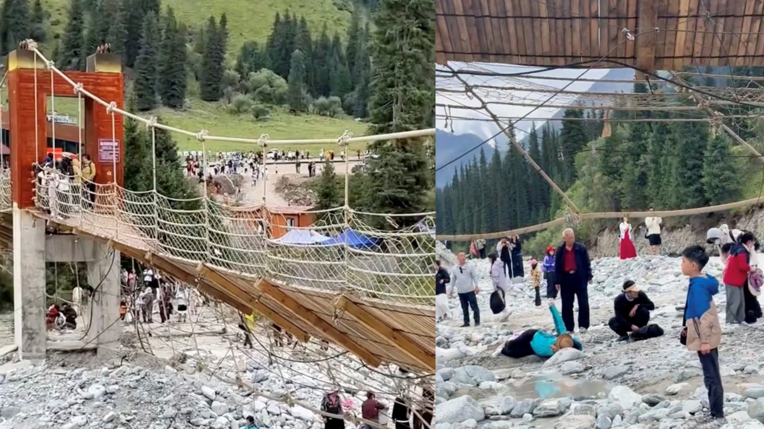 Colapsa puente colgante en sitio turístico de Xinjiang, en China