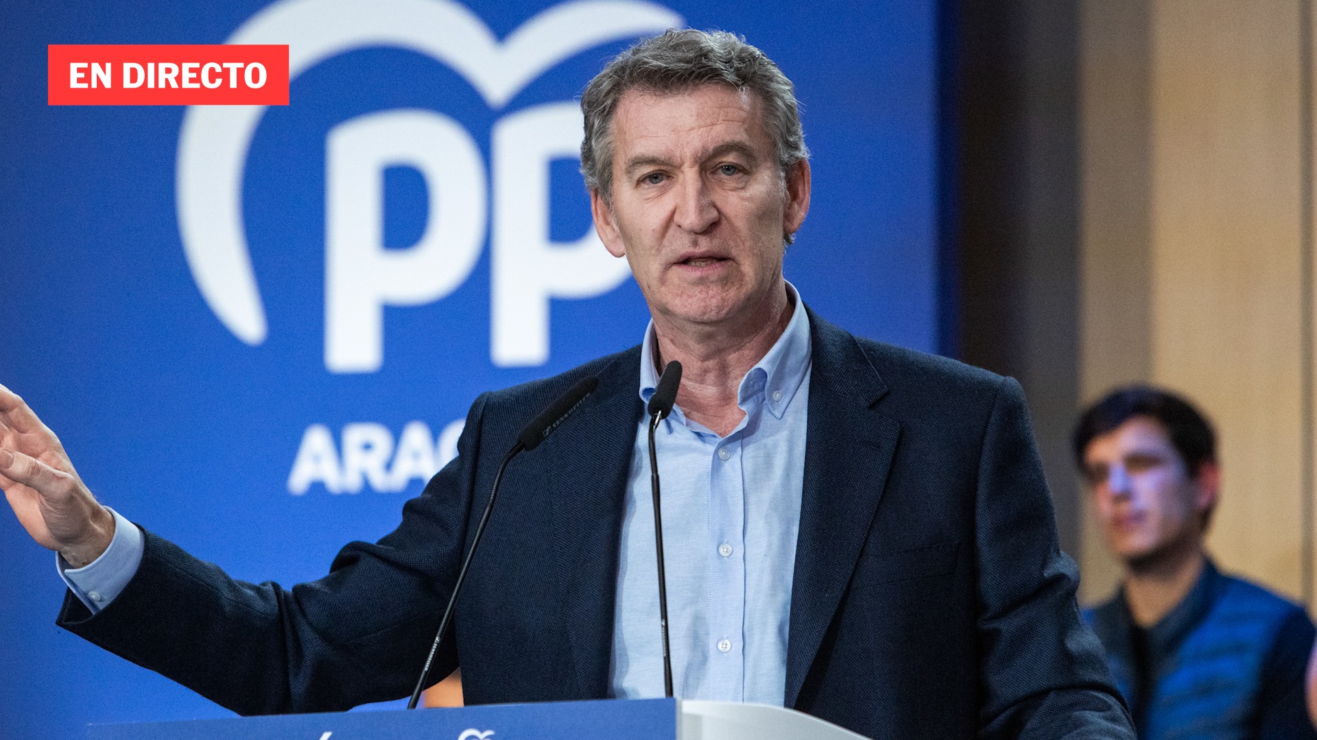 Feijóo interviene ante los medios en Binéfar (Huesca)